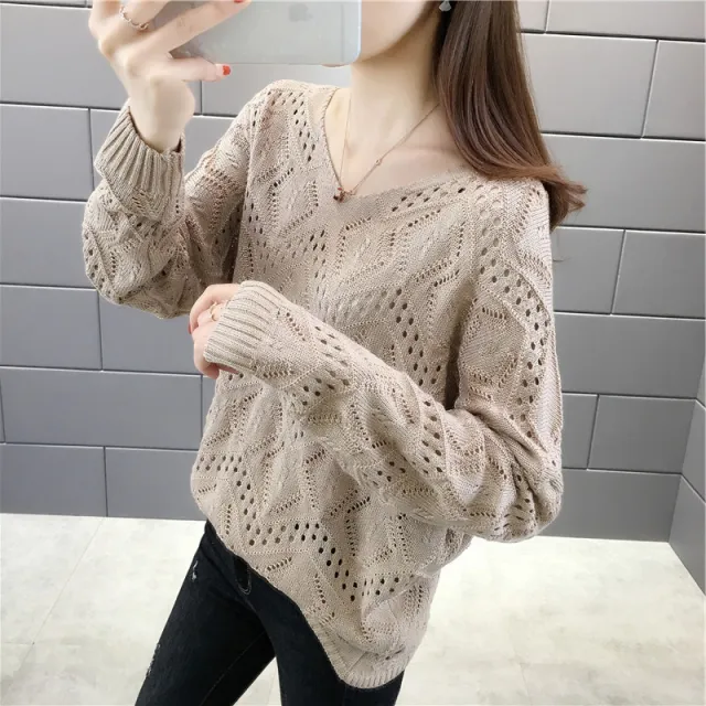 V neck Loose Hollow out Pullover Knitwear Batwing Sleeve Thin Sweater Apricot - Shop at LoveMi
