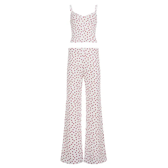 V neck Camisole And Low rise Loose Straight leg Pants For Loungewear White - Shop at LoveMi