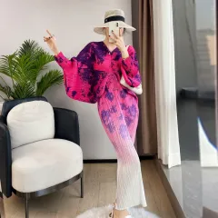 Women's Pleated Vintage Printed Batwing Sleeve Dress - Pink Blue - View 1