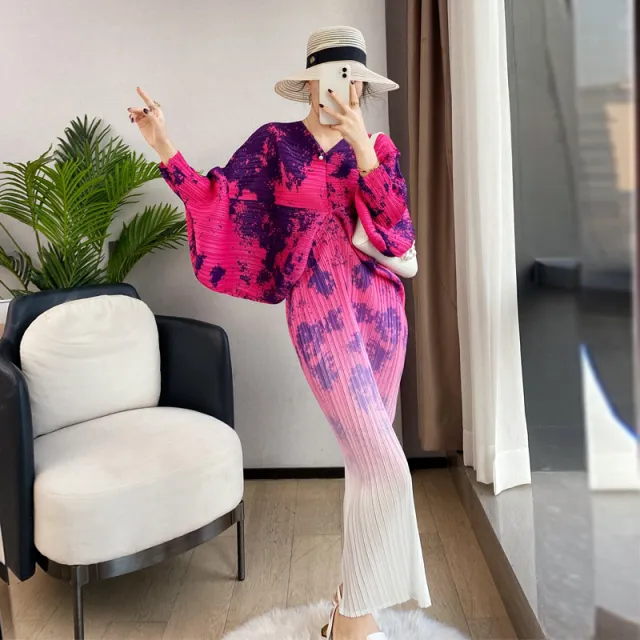 Women's Pleated Vintage Printed Batwing Sleeve Dress Pink Blue - Shop at LoveMi