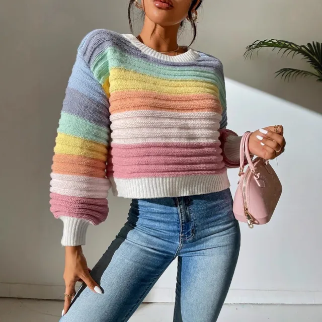 Elegant Elegant Spliced Rainbow Striped Lantern Sleeve Sweater Pink - Shop at LoveMi