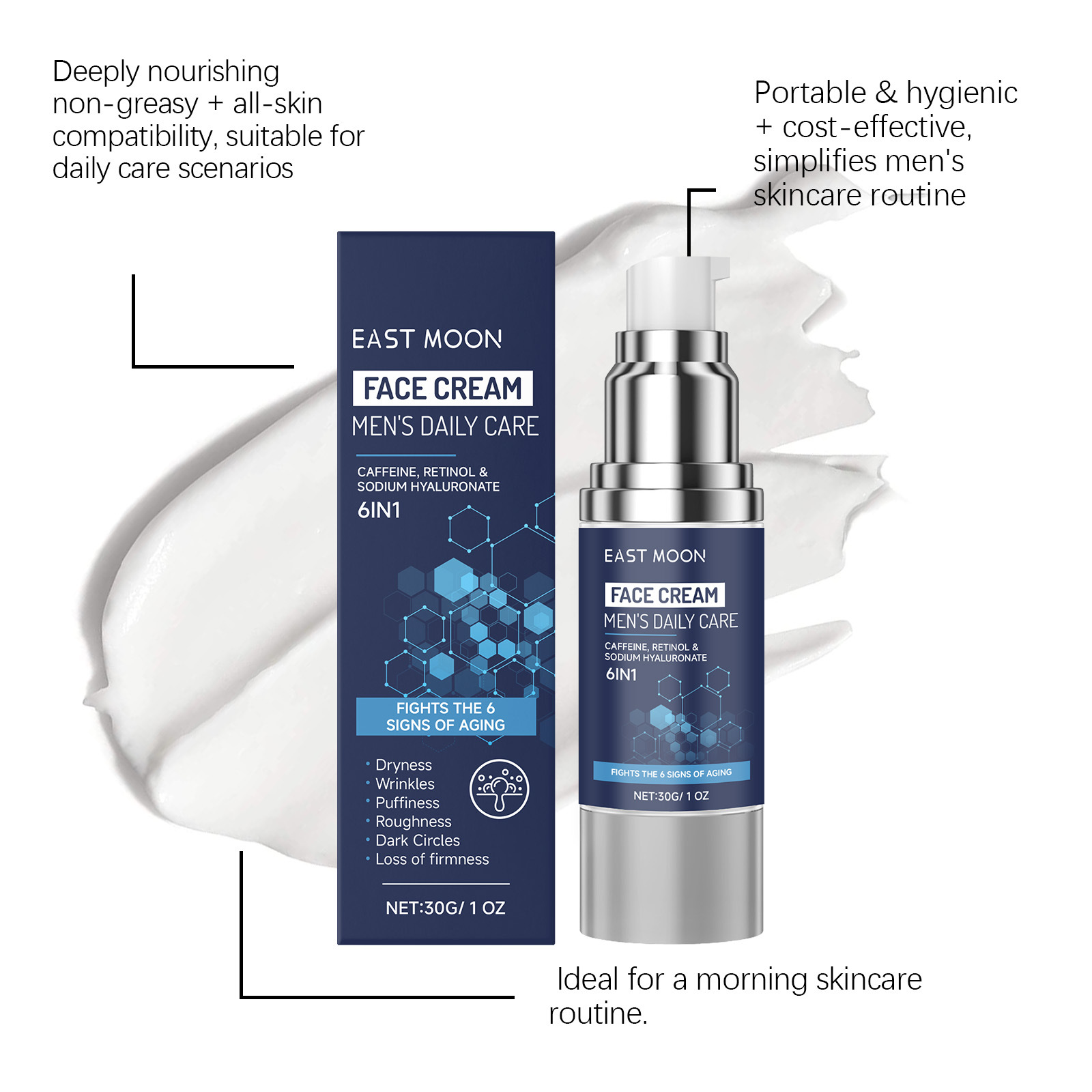 EAST MOON Men's Daily Care 6-in-1 Face Cream – Advanced Anti-Aging Moisturizer with Caffeine, Retinol & Sodium Hyaluronate to Fight Wrinkles, Dryness, and Dark Circles (30g)