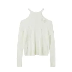 Halter Off-the-shoulder Knitted Blouse Versatile Top - White Beige - View 1