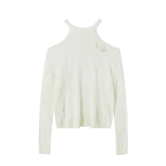 Halter Off the shoulder Knitted Blouse Versatile Top White - Shop at LoveMi