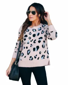 Plus Size Women's Sweater Leopard Print Knitwear Base Clothing Sweater - Pink - View 1