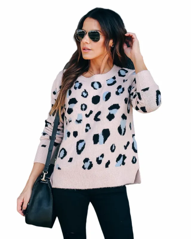 Plus Size Women's Sweater Leopard Print Knitwear Base Clothing Sweater Pink - Shop at LoveMi