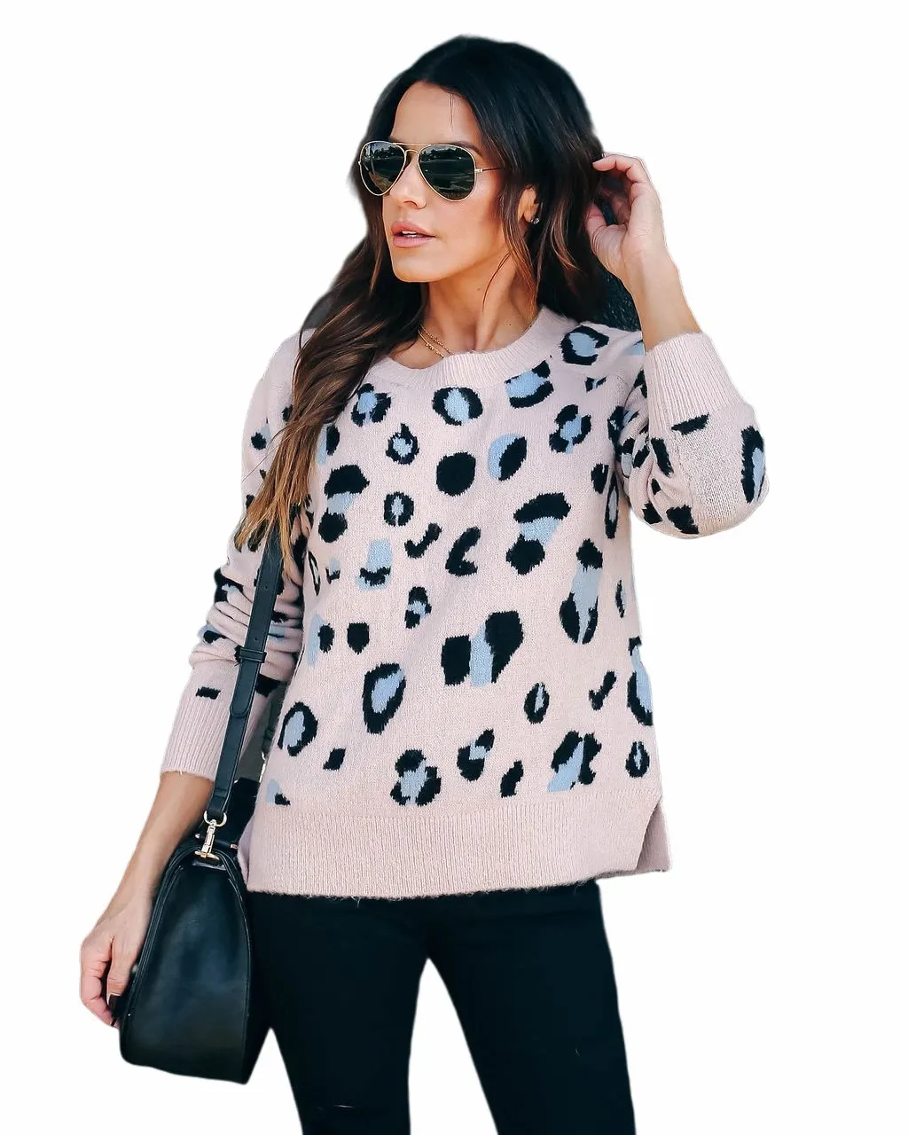 Plus Size Women's Sweater Leopard Print Knitwear Base Clothing Sweater - Pink