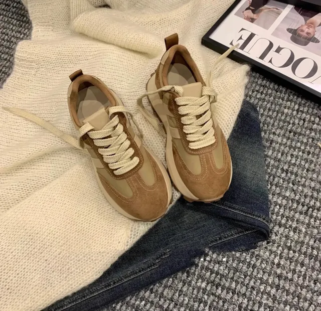 Thick Bottom Color Matching All matching Casual Sports Dad Shoes Khaki - Shop at LoveMi