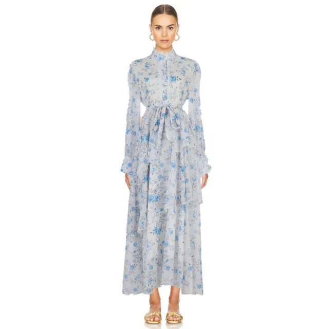 Autumn And Winter Lace Stitching Sweet Printed Ruffled Irregular Dress Women Blue - Shop at LoveMi