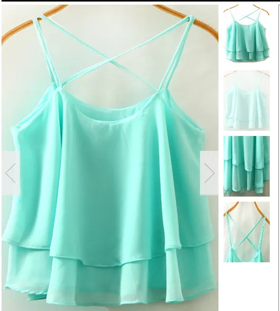 Solid Color Elegant Ruffle Double layer Chiffon Camisole Casual All matching Tops Green - Shop at LoveMi