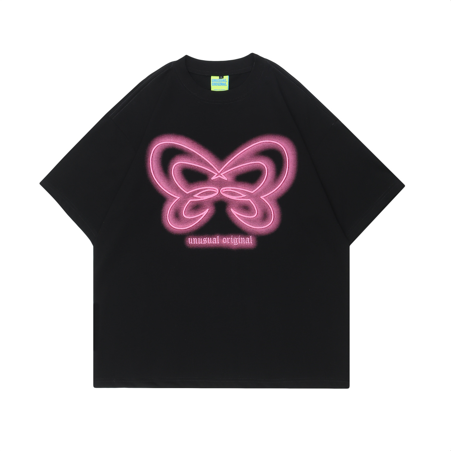 Women's Fashionable Simple American Street Embroidered Butterfly Short sleeved T shirt Black - Shop at LoveMi