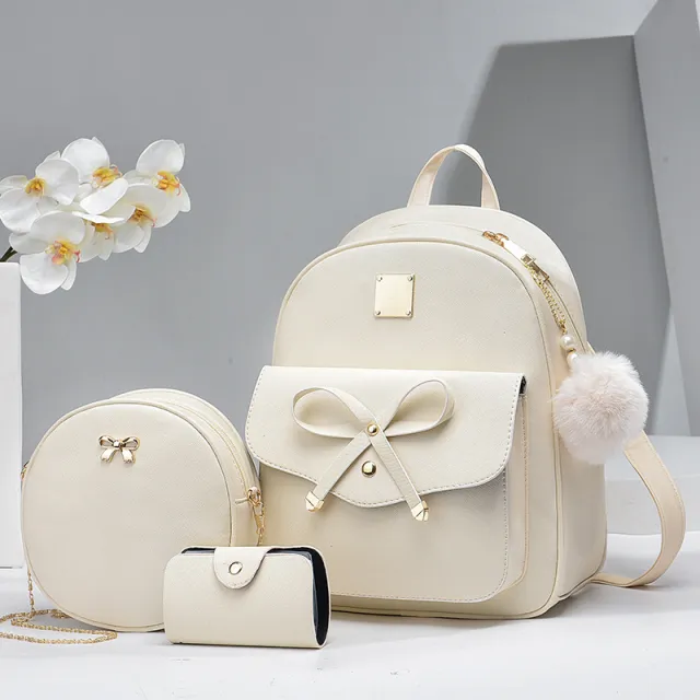 Fashion Women's Bags PU Bow Composite Bag Young Girl Student Cute Shoulders Backpack Crossbody Bags Coin Purse Set White - Shop at LoveMi