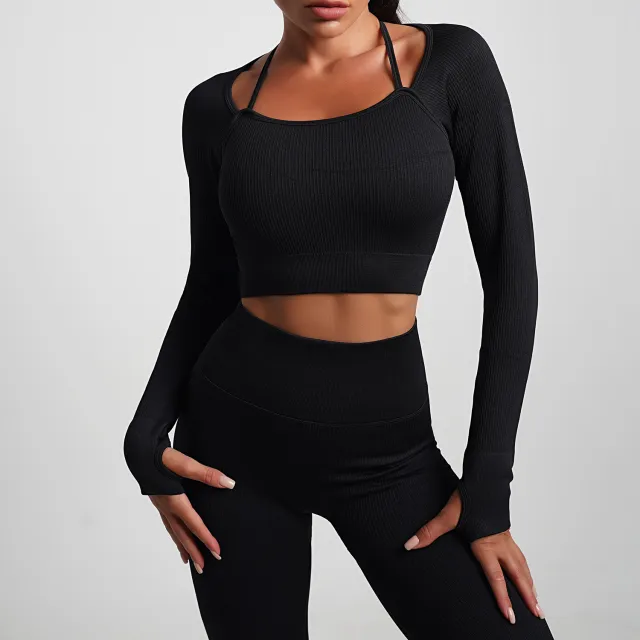 Seamless Yoga Clothes Suit Solid Color Workout Top Oblique Shoulder Sports Bra Sports High Waist Tight Hip Raise Yoga Pants Black Long Sleeved - Shop at LoveMi