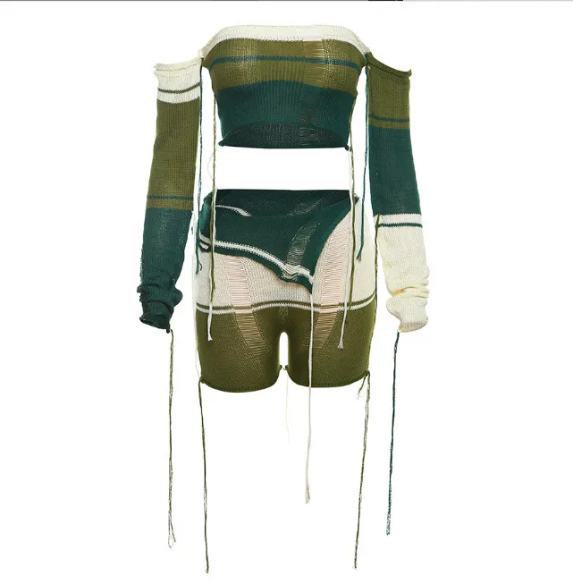 Openwork Knitted Top With Booties - Green