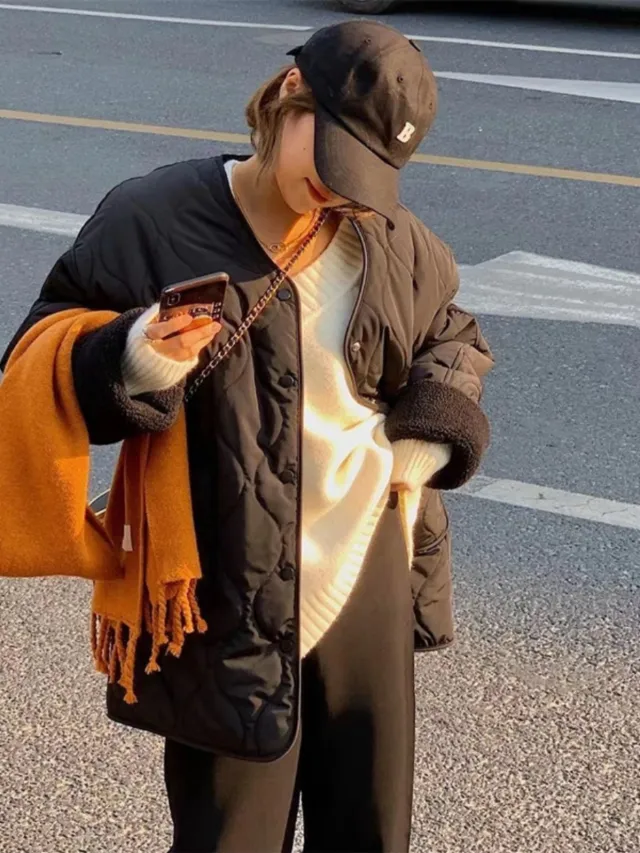 Collarless Fleece Lightweight Korean style Loose Diamond pattern Warm Cotton Jacket Black - Shop at LoveMi