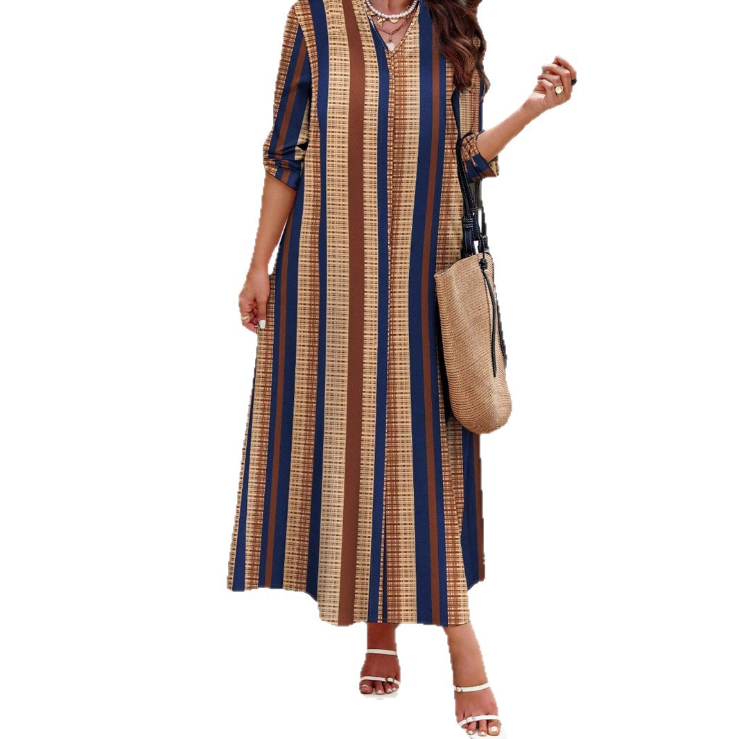 Fashion Casual Vertical Striped V-neck Long Dress Elegant