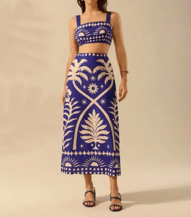 Women's Fashion Printed Sling Long Skirt Blue - Shop at LoveMi