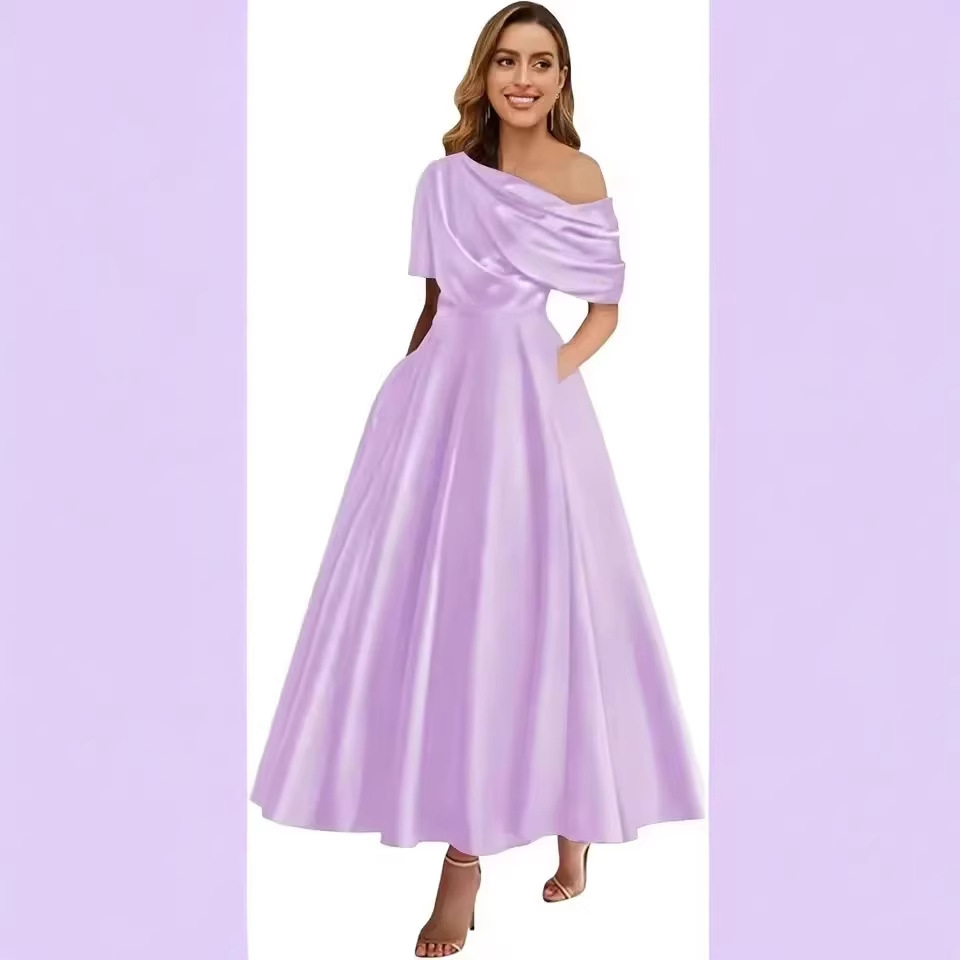 New Elegant And Sophisticated Satin Off-Shoulder Solid Color Dress 4