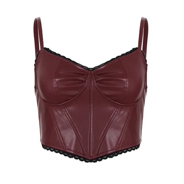 Women's Lace Patchwork Corset Style Asymmetrical Camisole Wine Red - Shop at LoveMi