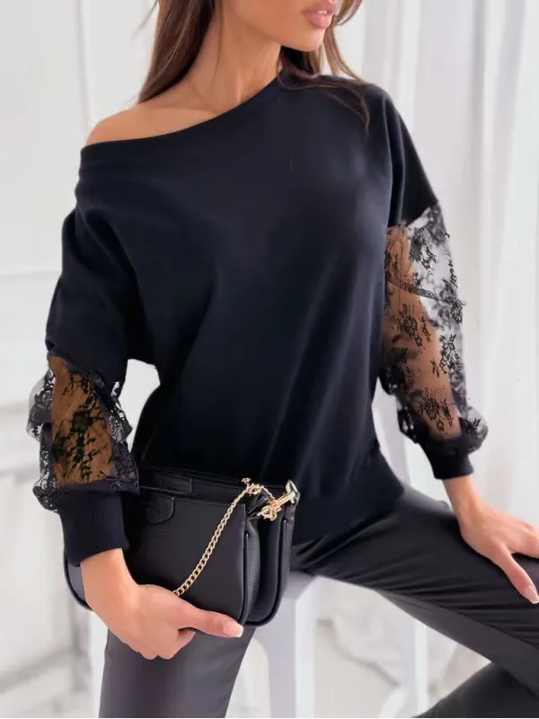 Solid Color Lace Stitching Long Sleeve T shirt 109171 Black - Shop at LoveMi