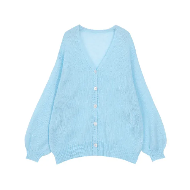 Solid Color And V neck Knitted Solid Color Casual Cardigan Button Top Coat Blue - Shop at LoveMi