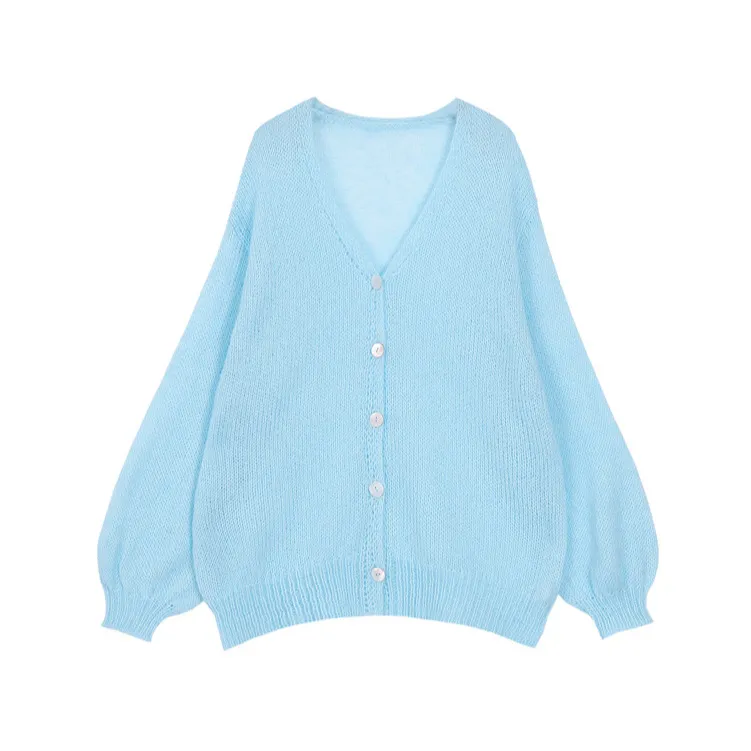 Solid Color And V-neck Knitted Solid Color Casual Cardigan Button Top Coat - Blue