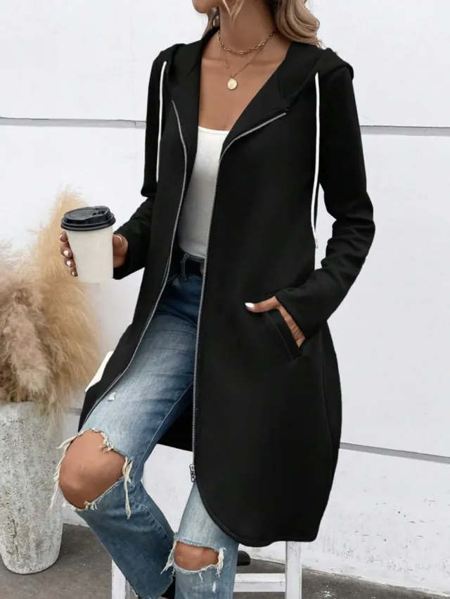 Personality Street Zip Hooded Long Velvet Lining Sweatshirt Black - Shop at LoveMi