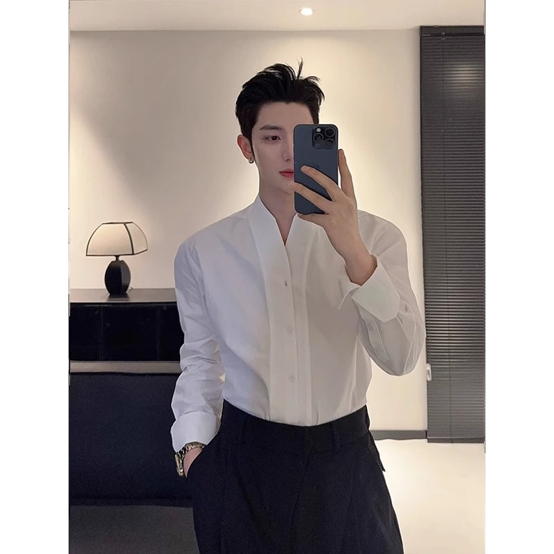 Mens French V-neck White Long-sleeve Shirt