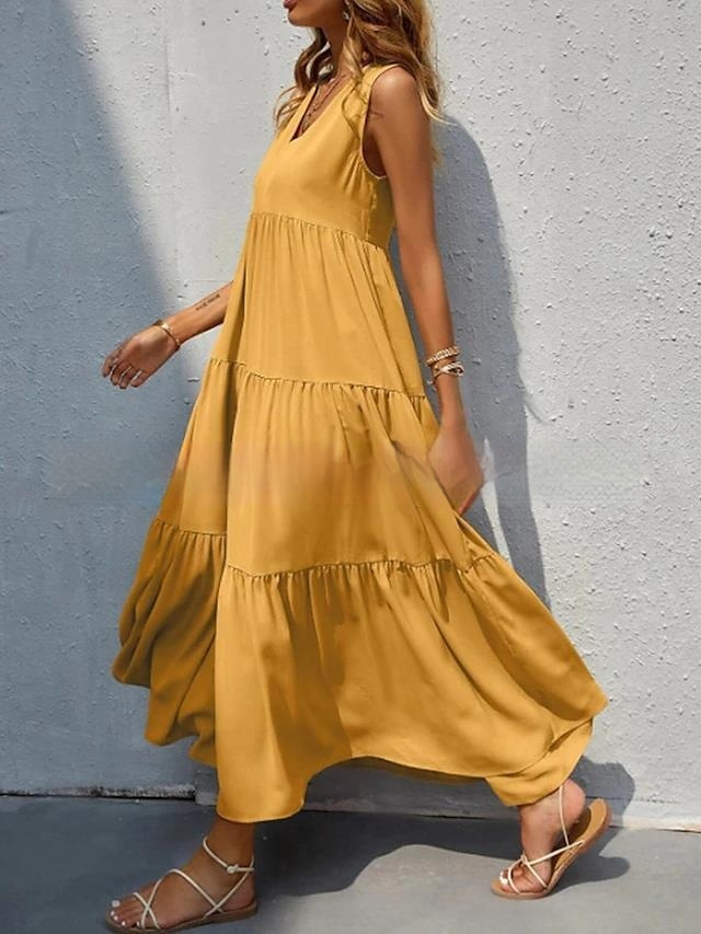 Women's Loose Waist Cotton Sleeveless V-neck Dress