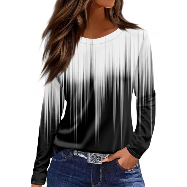 European And American Slim fit Cotton like Round Neck Printed Solid Color Long Sleeve Long Sleeve 249Style - Shop at LoveMi