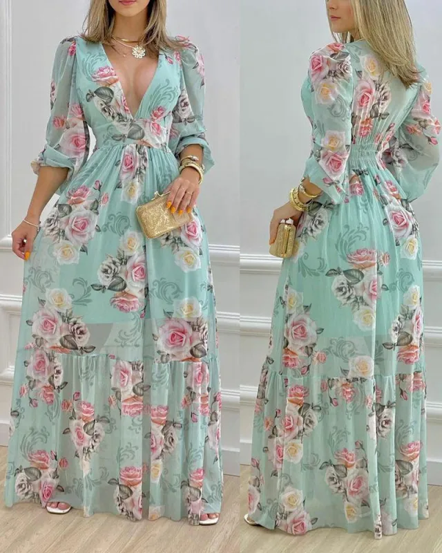 Long Sleeve Printed Stringy Selvedge Dress Green - Shop at LoveMi