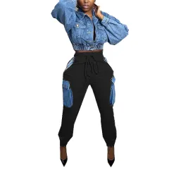 Women's Street Cool Imitation Denim Large Pocket High Waist Tooling Pants - Black - View 1