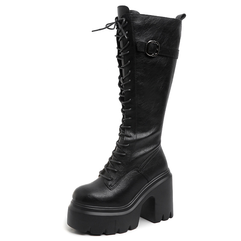 Womens Versatile High-heeled Round-toe Lace-up Over-the-knee Boots