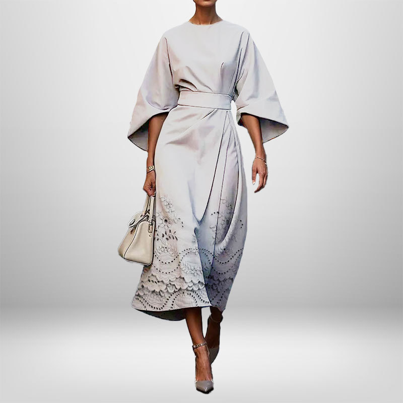 Women's Elegant Fashion Print Round Neck Long Dress Gray White - Shop at LoveMi