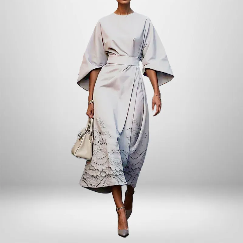 Women's Elegant Fashion Print Round Neck Long Dress - Gray White