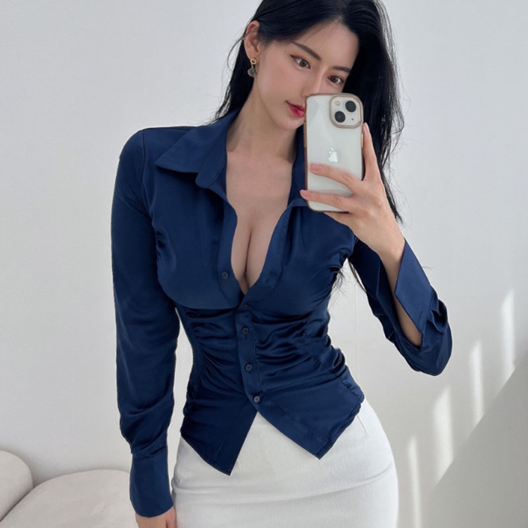 Autumn And Winter New Elegant Pleated Waist Tight Slim Lapel Slimming Shirt For Women - Image 4