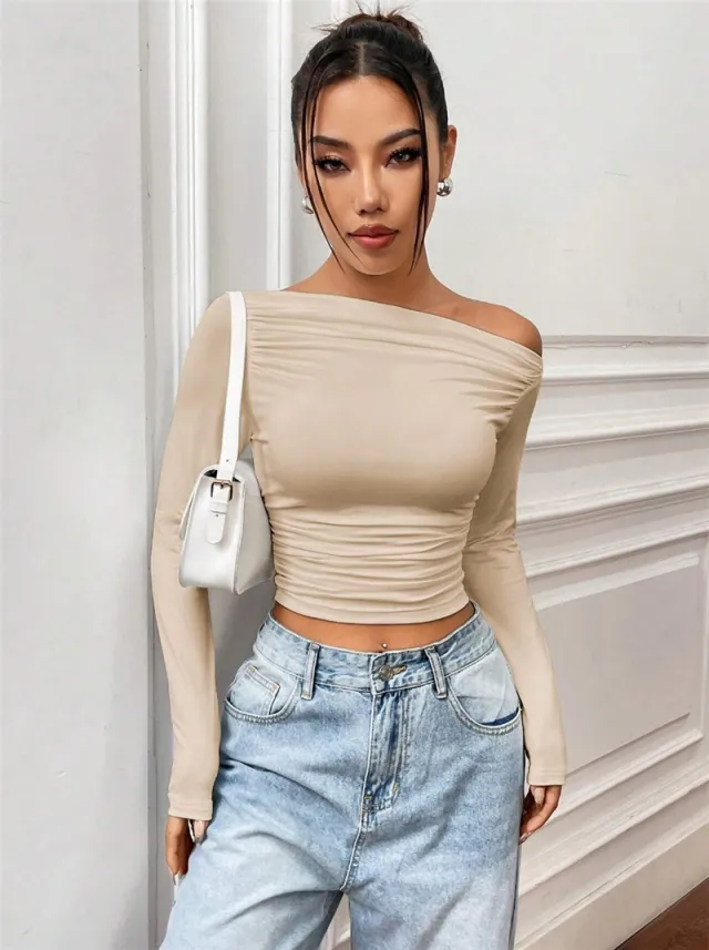 Slim Fit All match Shoulder Pleating Long Sleeve Women's T shirt Apricot - Shop at LoveMi