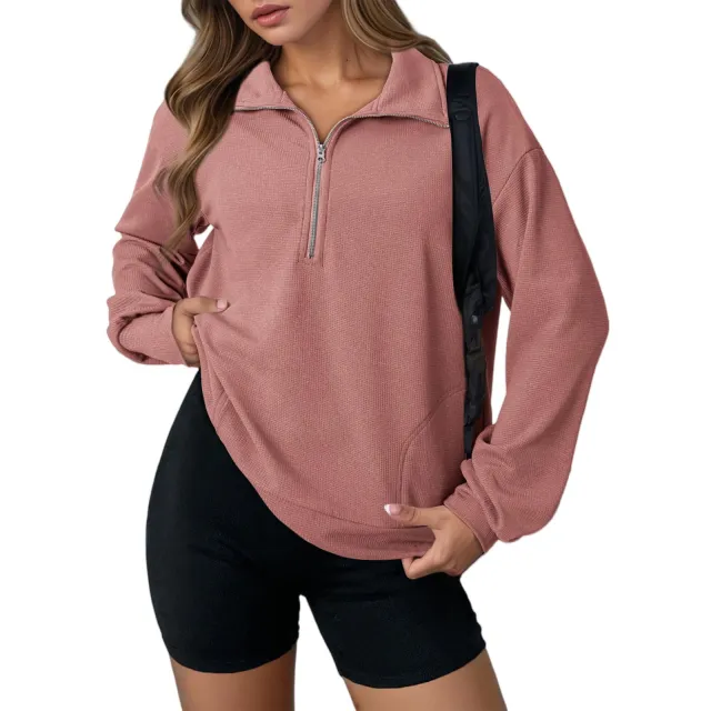 Lapel Sweater Fashion Loose Zip Women's Clothing Pink - Shop at LoveMi