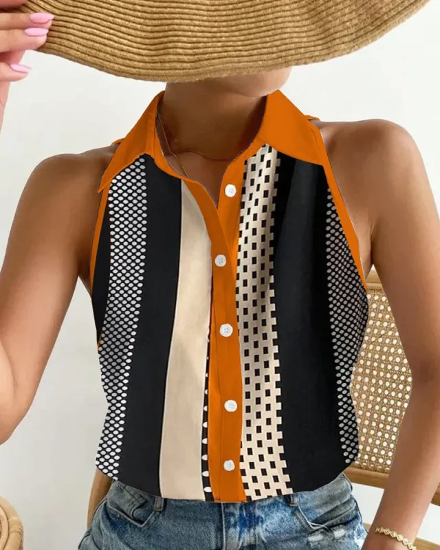Summer Casual Fashion Shoulder baring Sleeveless Abstract Printing Women's Shirt Black Stripes - Shop at LoveMi