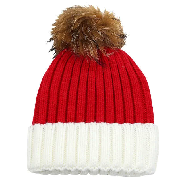 Fur Ball Knitted Hat Warm And Thick Woolen Cap Red And White - Shop at LoveMi
