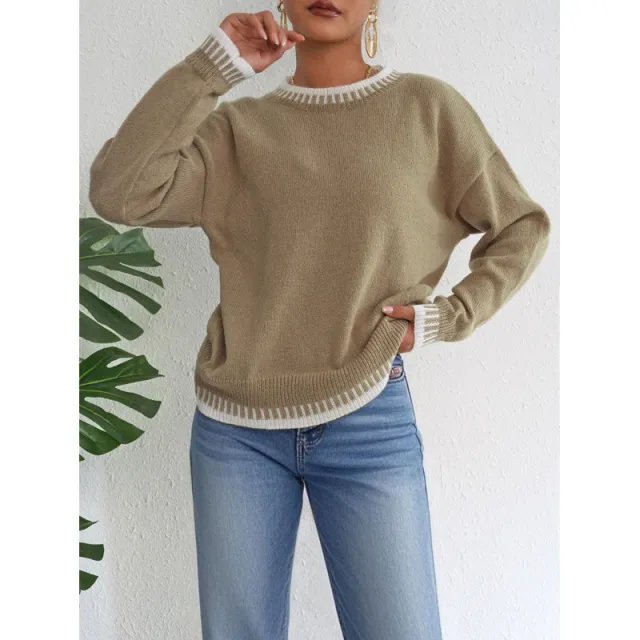 Women's Round Neck Contrast Color Stitching Leisure Pullover Loose Sweater Khaki - Shop at LoveMi