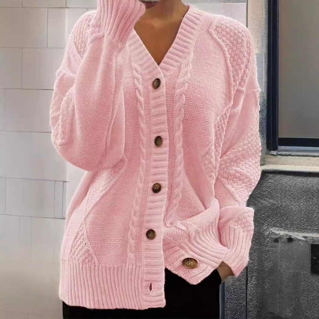 Autumn And Winter V-neck Single Breasted Cross-border Foreign Trade Cable-knit Sweater Coat