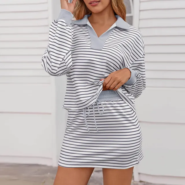 V neck Short Skirt Set Loose Casual Two piece Gray - Shop at LoveMi