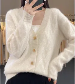 Knitted Wool Cardigan Women's V-neck Solid Colour Baggy Coat - Beige - View 1