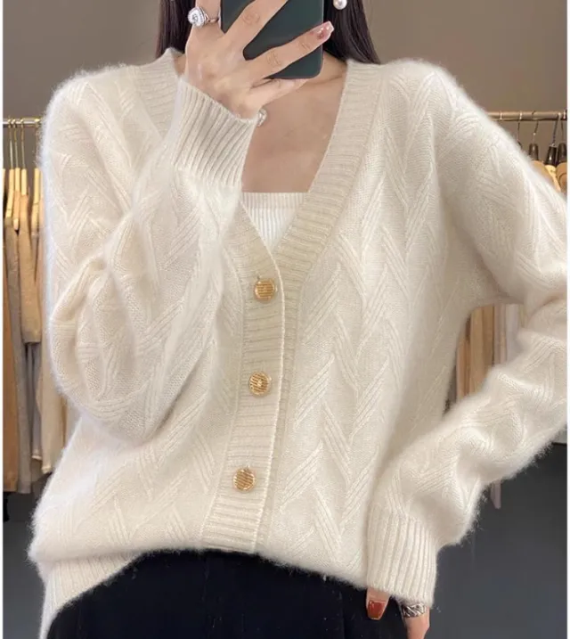 Knitted Wool Cardigan Women's V neck Solid Color Baggy Coat Beige - Shop at LoveMi