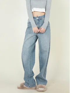 High Waist Loose Retro Brushed White Neutral Daddy Denim Trousers For Women - View 1