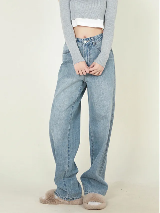 High Waist Loose Retro Brushed White Neutral Daddy Denim Trousers For Women - Shop at LoveMi