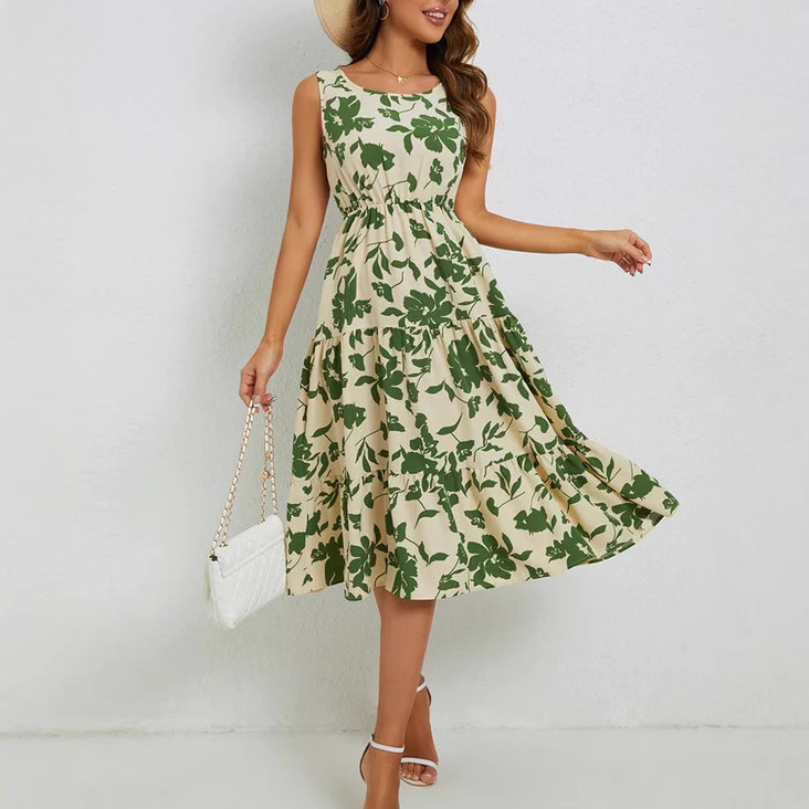 Womens Floral-Print Sleeveless Mid-Length Wrap Dress For Vacation Style