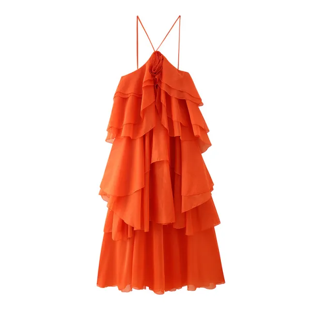 Summer Multi color Laminated Halter Flower Decorative Sling Dress Orange - Shop at LoveMi