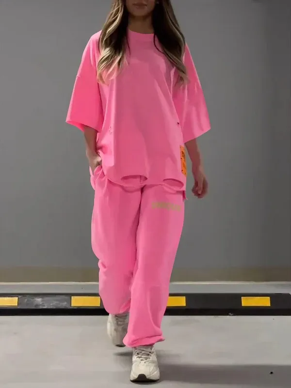 Loose Hollow Crew Neck T shirt Top Pants Suit Two piece Set Pink - Shop at LoveMi